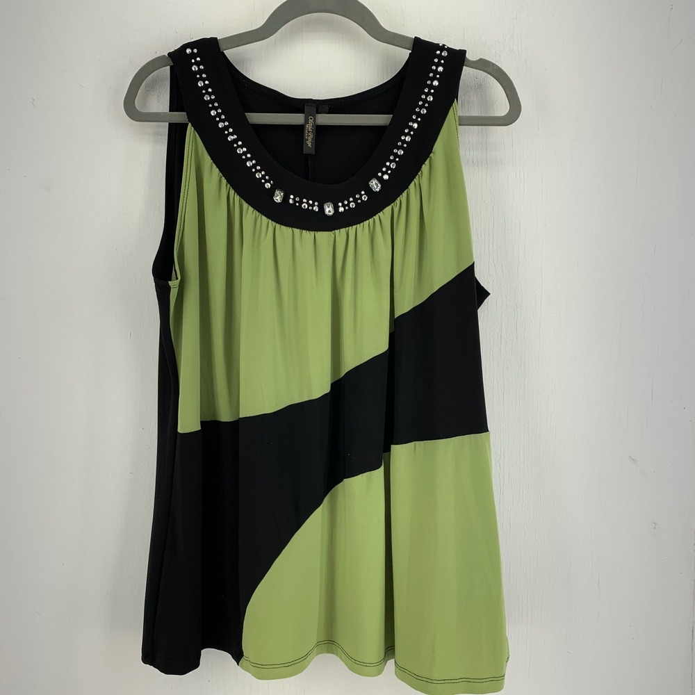 Vtg Y2K Olivia Paige Woman 2X Rhinestone Colorblock Sleeveless Top Bling Retro